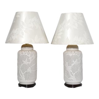 1970s Blanc de Chine Large Scale Reticulated White Ceramic Table Lamps - A Pair For Sale