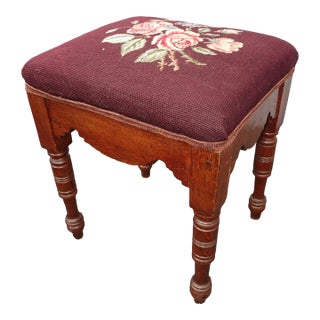 Vintage French Provincial Burgundy Needlepoint Tapestry Bench ~ Foot Stool For Sale