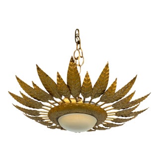 Spanish Gilt Metal Feathered Crown Ceiling Fixture With Opaline Globe For Sale