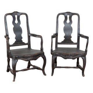 19th Century Swedish Black Painted Pine Armchairs For Sale