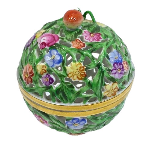 Vintage Herend reticulated round floral and berry lidded box with berry handle on lid. Floral and leaf hand-painted...
