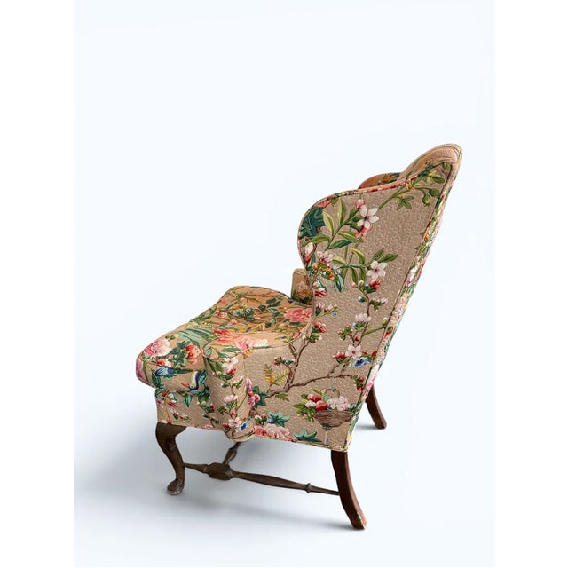 Antique William & Mary Wingback Armchair in Chinoiserie Botanical Upholstery For Sale - Image 4 of 6