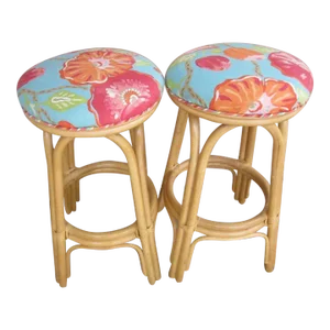 1990s Bamboo Honey Tropical Style Barstool Backless Upholstered Seat Set of 2