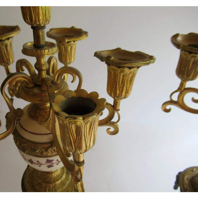 Bronze 19th. Century Antique French Gilded Ormolu Bronze & Marble Lamps With Putti Cherub Figures & Candelabrum - Pair For Sale - Image 8 of 13