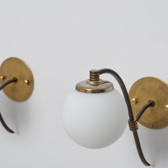 Mid-Century Modern Vintage Italian Brass and Opaline Globe Sconces, 1950s, Set of 2 For Sale - Image 3 of 12
