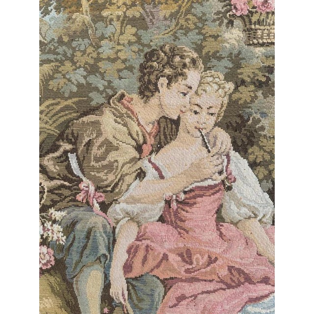 Large Vintage French Aubusson Jacquard Tapestry Pastoral Loves, 1960s For Sale - Image 9 of 18