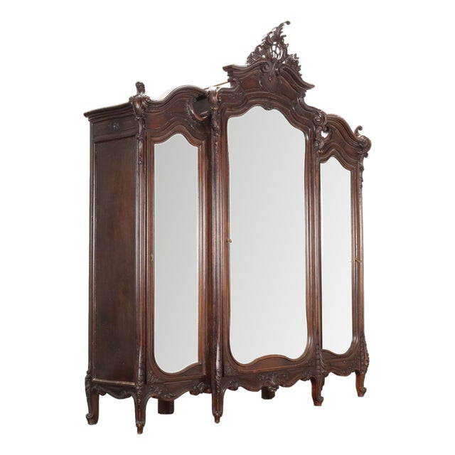 Antique Baroque Style Wardrobe in Walnut with Mirror, 19th Century For Sale