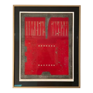 "Red Ammour" Abstract Numbered Print in Vermillion, Gray and Light Yellow, by Hiroyuki Tajima, 1977