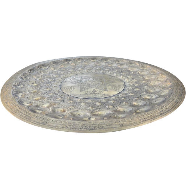 Moroccan Antique Moorish Hand-Engraved Judaical-Patterned Brass Tray For Sale - Image 3 of 6