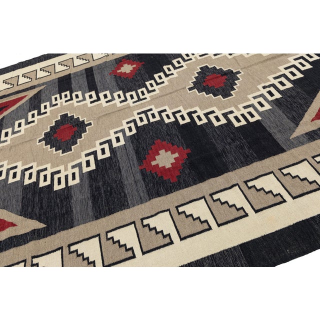Rustic Handmade Southwestern Modern Navajo Wool Area Rug in Charcoal, Slate, and Red For Sale - Image 3 of 8