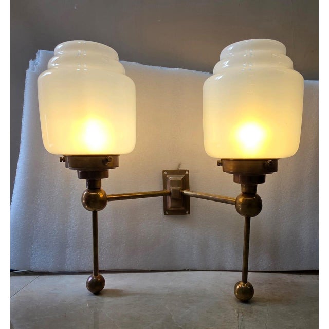 Vintage Art deco light Old Lamp Wall Sconces Fixture Brass & Skyscraper Milk Glass Shade Ship Light Excellent Working...