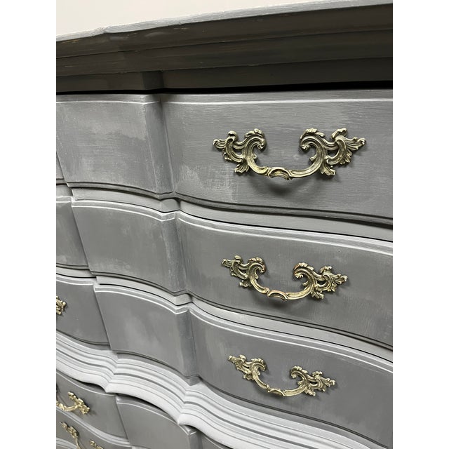 Vintage Tall 6 Drawer Dresser Painted Deep Gray French Hardware Natural Wood Top For Sale - Image 12 of 12