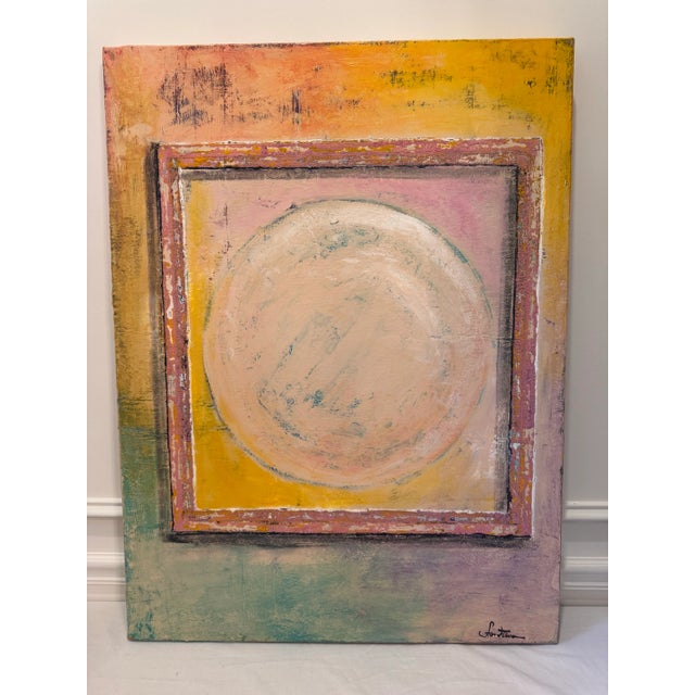Large contemporary abstract by Paul Fontana, featuring a softly layered circular motif within a geometric frame of warm...