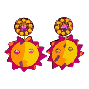 Dangle Lucite Clip Earrings Fuchsia, Orange and Yellow Sun - 2 Pieces