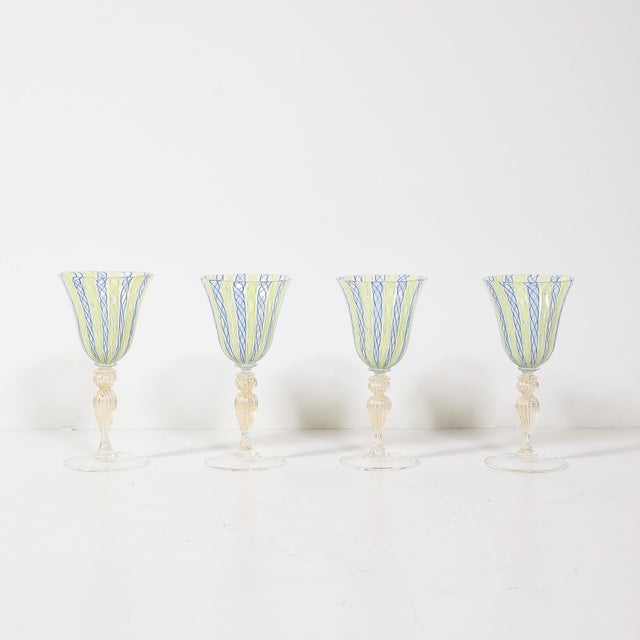 Set of 8 Hand-Blown Murano Latticino Blue & Chartreuse Wine Glasses W/ 24k Gold For Sale - Image 4 of 18