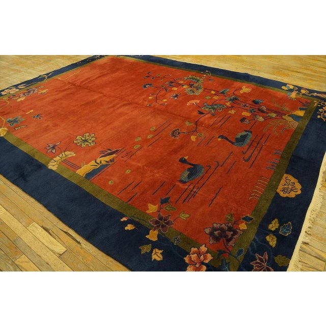 1920s Red Rustic Swan Floral Antique Chinese Art Deco Carpet 9' X 11'10" Knotted Wool Rug For Sale - Image 12 of 12