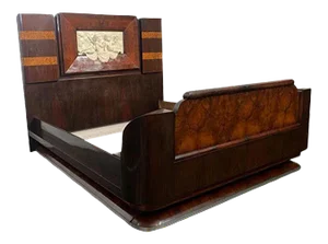 Art Deco Rosewood & Walnut Bed Frame with Carved Headboard by Ducrot, 1922