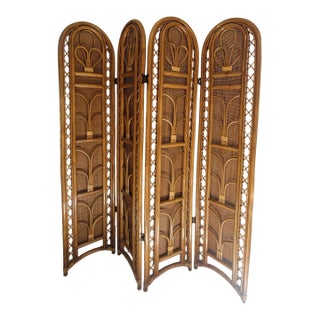 1990's Italian Four-Panel Room Divider in Natural Rattan and Woven Caning For Sale