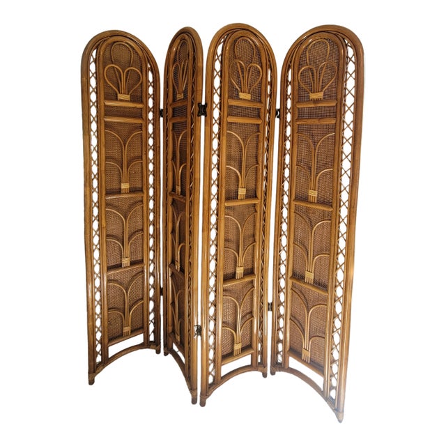 1990's Italian Four-Panel Room Divider in Natural Rattan and Woven Caning For Sale