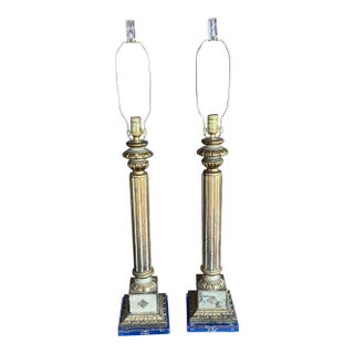 Vintage Italian Florentine Carved Wood Column Lamps W/ Lucite Bases For Sale