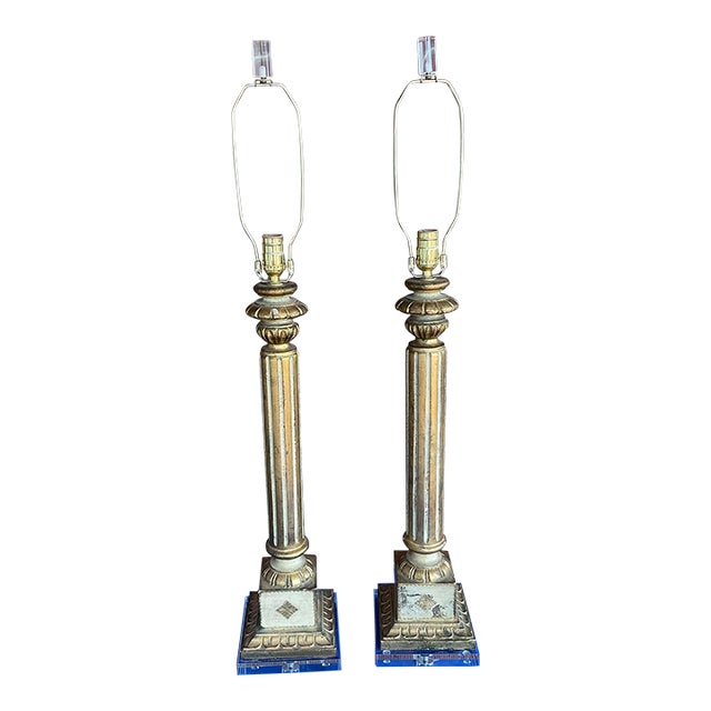 Vintage Italian Florentine Carved Wood Column Lamps W/ Lucite Bases For Sale