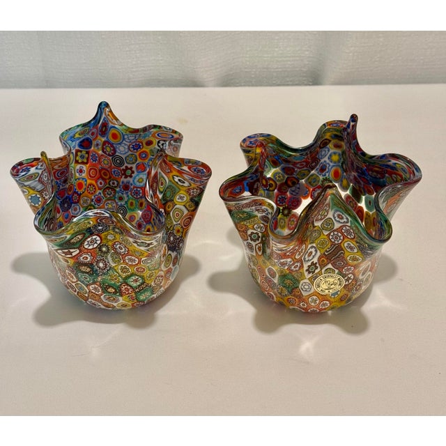 Mid 20th Century Murano Millefiori Glass Handkerchief Vases by Turtle and Crane - Venini Fazzoletto Style For Sale In Mobile - Image 6 of 9