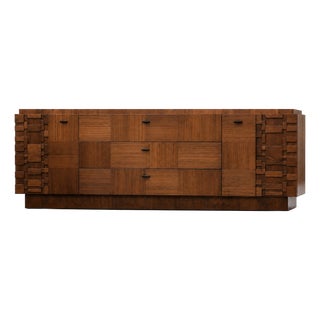 1970s Restored Long 79” Walnut Brutalist Dresser For Sale
