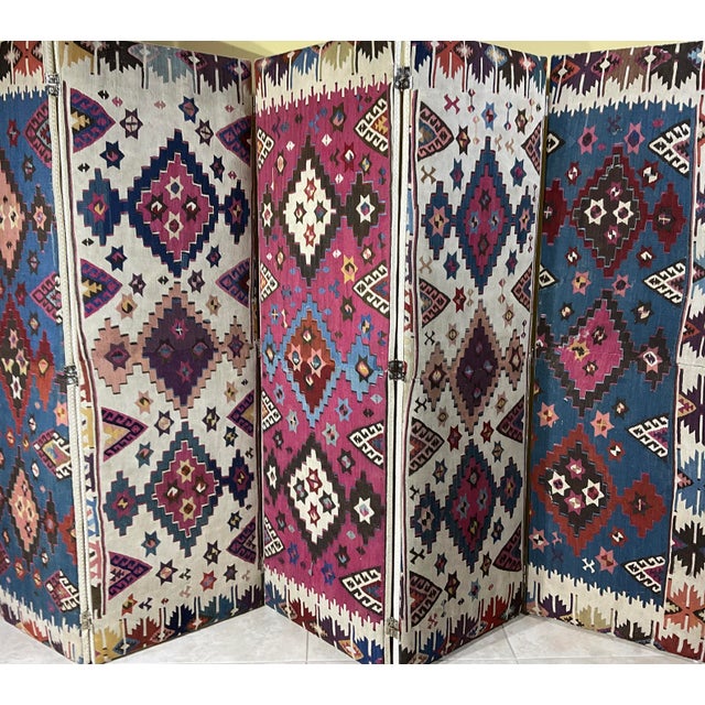 One-of-a-Kind Custom Antique Flat-Weave Oriental Kilim Folding Screen For Sale - Image 16 of 18