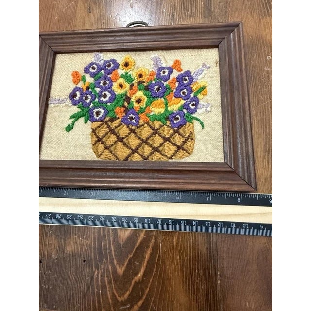 Vintage Floral Crewel Embroidery Wall Hanging, Wood Frame, 8.5" X 6.5" For Sale - Image 4 of 6
