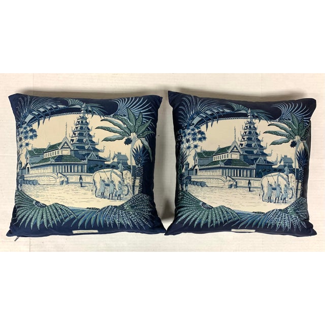Late 20th Century Pair Chinoiserie Blue and White Elephant Silk Pillows by Jim Thompson For Sale - Image 5 of 5