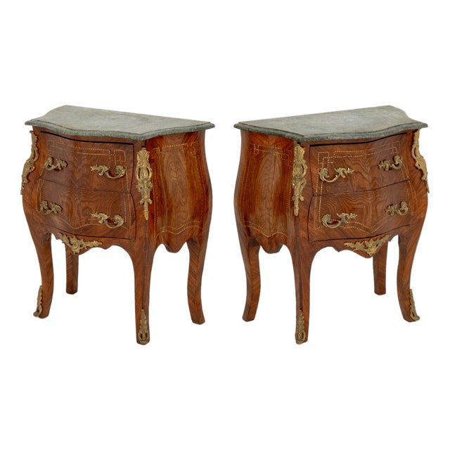 Pair of Louis XV Style Ormolu Mounted Walnut Bombe Commodes For Sale