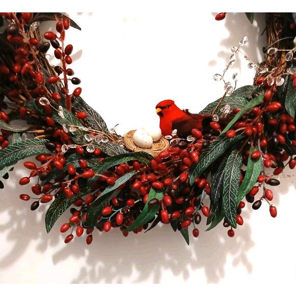 Farmhouse Winter Berries Door Wreath Realistic Red Cardinal‎ Egg Nest Holiday Ice Crystals For Sale - Image 3 of 15