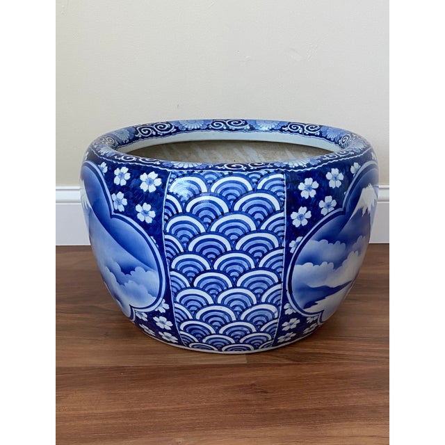 Ceramic Mid 20th Century Large Blue and White Porcelain Mount Fuji Planter For Sale - Image 7 of 11