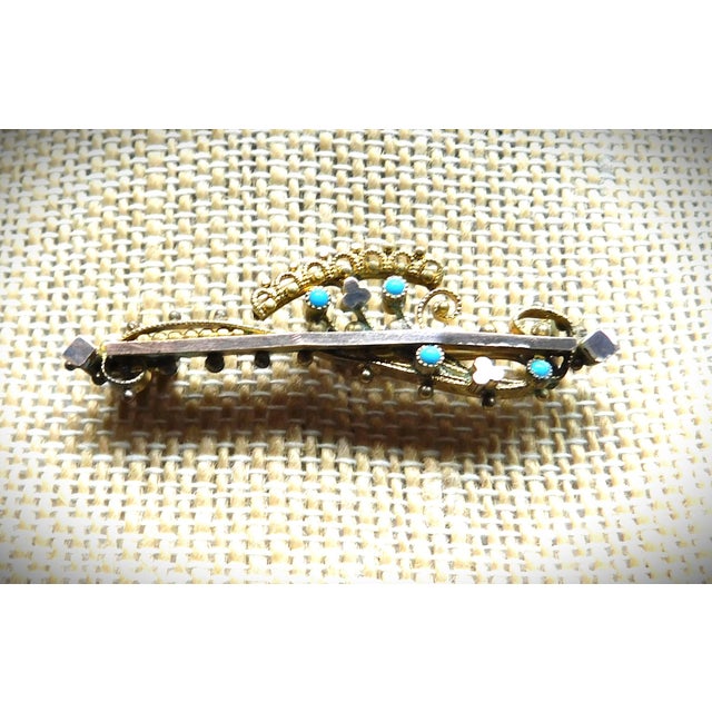Antique Etruscan Revival 10k Gold Openwork Brooch Pin, Turquoise Stones For Sale - Image 9 of 12