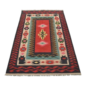 Kilim Rug 5' X 6'11'' Red Wool Tribal Geometric Handwoven Oriental Carpet