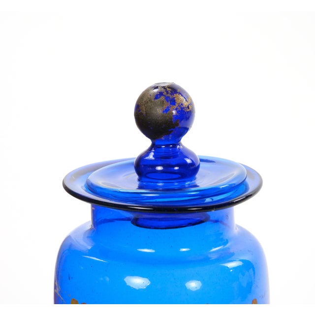 Mid-20th Century Italian Gilt and Hand-Painted Cobalt Blue Glass Apothecary Jars For Sale - Image 10 of 18