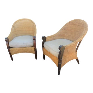 Modern Design Wicker & Mahogany Lounge Chairs - a Pair For Sale