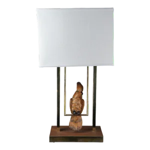 Mid-Century Sculptural French Cockatoo Lamp Macaw on Swing Linen Shade