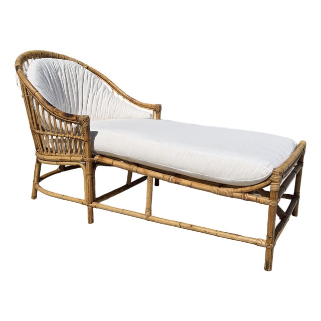 Vintage Rattan Stick Wicker Art Deco Chaise With New Perennials Upholstery For Sale