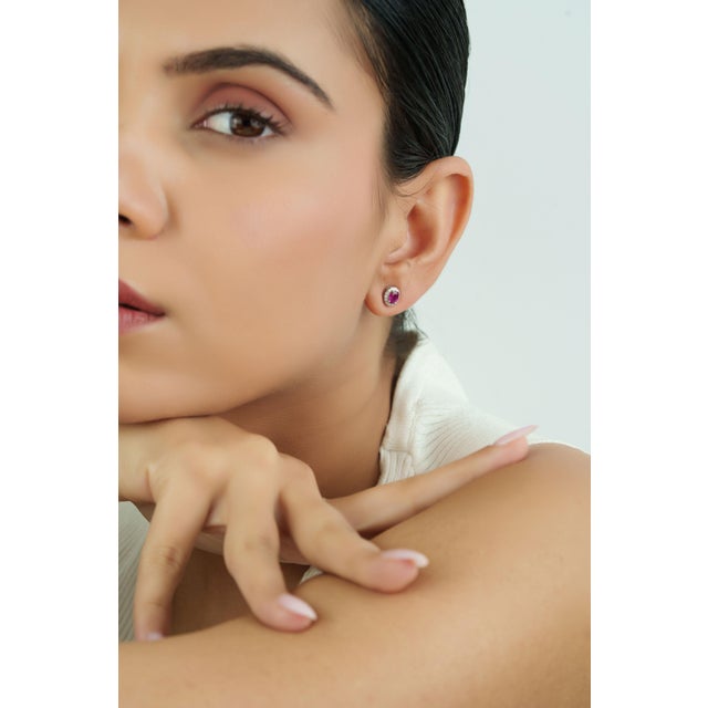 Ruby Red 18k White Gold Natural Oval-Cut Vivid Red Ruby & Diamond Halo Stud Earrings- A Pair For Sale - Image 8 of 15