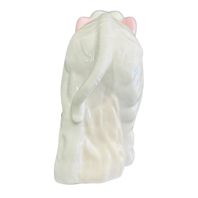 Vintage 1970s Ceramic Elephant Mother & Baby Figurine | Lucky Trunks Up Decor | White & Pink Porcelain Collectible | Mid Century Animal Statue For Sale - Image 4 of 11