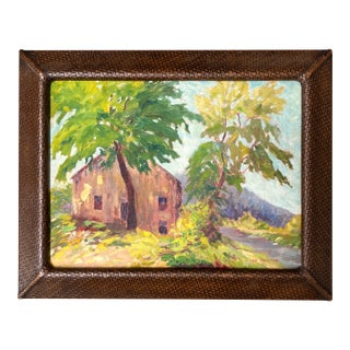 1940’s American Impressionist Landscape With Barn Painting Embossed Leather Frame For Sale