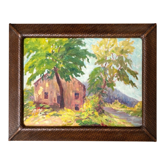 1940’s American Impressionist Landscape With Barn Painting Embossed Leather Frame For Sale