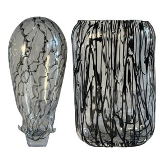 Black Graphic Pilchuk Torpedo Shaped & Rectangular Murano Style Art Glass Vases- A Pair For Sale