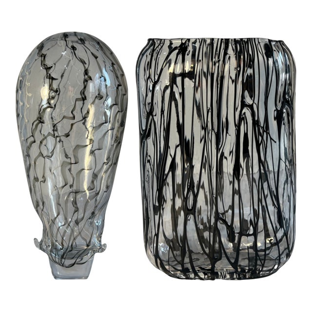 Black Graphic Pilchuk Torpedo Shaped & Rectangular Murano Style Art Glass Vases- A Pair For Sale