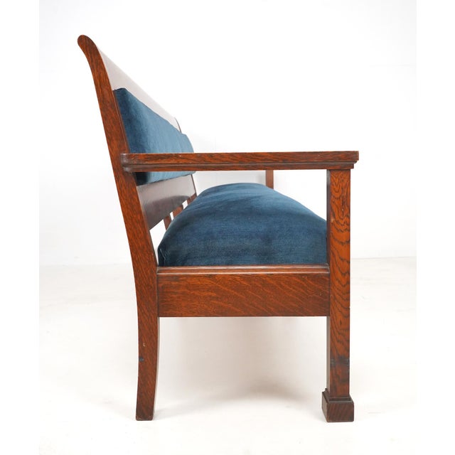 Wood Mid 20th Century Traditional 96.375 In. Blue Velvet Walnut Settee Bench For Sale - Image 7 of 11