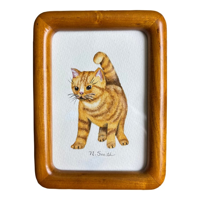 Golden Tabby, Tail High Original Watercolor Painting Signed and Framed For Sale