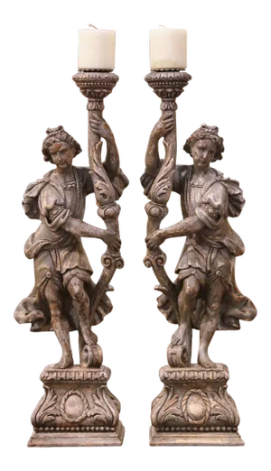 19th Century Italian Carved and Grey Painted Figure Candlesticks - a Pair