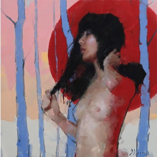 Red Sun by Jacob Dhein | Oil on Panel Woman with an umbrella in a forest setting at sunset. For Sale