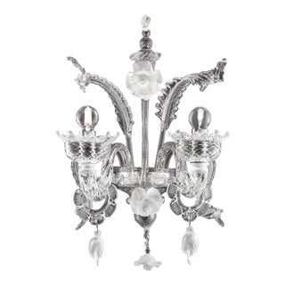 Venetian Romantic Floral Transparent and White Murano Glass Wall Sconce For Sale